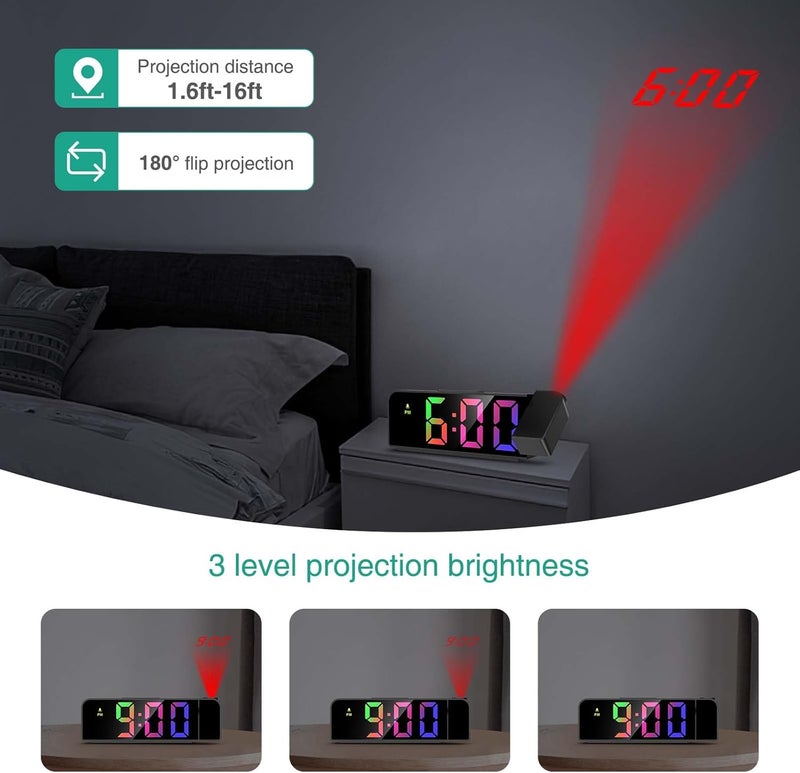 ORIA Projection Alarm Clock for Bedroom, Digital Clock Projector on Ceiling, 7.9'' LED Alarm Clock with 180° Rotatable Projector, 12/24H, Adjustable Brightness, Night Mode, Temperature - Image 2